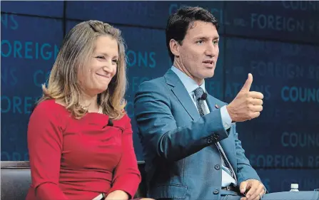  ?? ADRIAN WYLD THE CANADIAN PRESS ?? Foreign Affairs Minister Chrystia Freeland and Prime Minister Justin Trudeau attend a gathering of New York’s Council on Foreign Relations Tuesday.