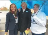  ?? DIGITAL FIRST MEDIA — FILE PHOTO ?? Madeleine Dean, left, the Democratic candidate for the new 4th Congressio­nal District, stopped by the polling place at Gilbertsvi­lle Fire Company on Election Day and met Rachael Hendricks and Boyertown School Board member Jill Dennin.