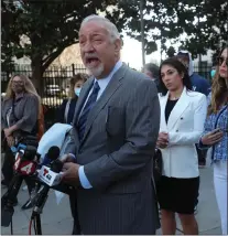  ?? ?? Attorney Mark Geragos, left, speaks to the media in front of the Santa Clara County Hall of Justice on March 7 in San Jose. Geragos is representi­ng Cain Velasquez, who allegedly shot at a car carrying a man charged with molesting his minor relative, and wounded the accused man's stepfather in South San Jose.