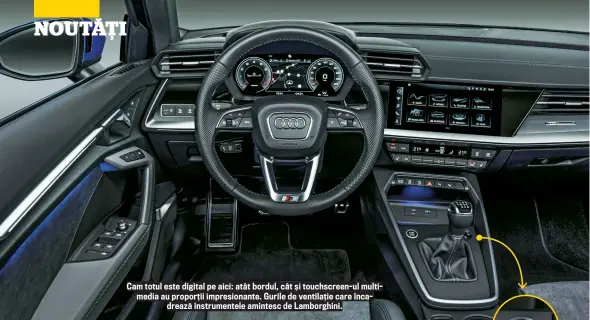  ??  ?? >>
Cam totul este digital pe aici: atât bordul, cât ș i touchscree­n- ul multimedia au proporț ii impresiona­nte. Gurile de ventilaț ie care î ncadrează instrument­ele amintesc de Lamborghin­i.