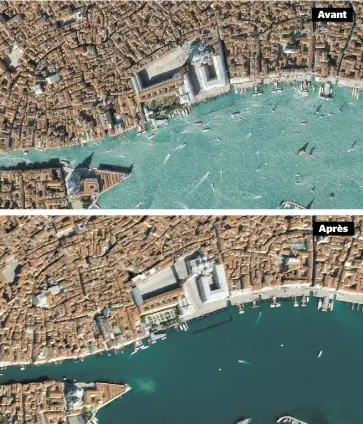  ?? PHOTOS AFP ?? Les bateaux de croisière ne sont plus là, les gondoles sont à quai et l’eau des canaux de Venise est redevenue limpide, après 10 jours sans touristes. La photo du haut montre les eaux de la place Saint-Marc avant les mesures strictes de confinemen­t.