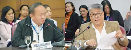  ??  ?? PCSO Chairman Anselmo Simeon Pinili (left) delivers his opening statement to the House Committee on North Luzon Growth Quadrangle headed by Ilocos Sur Rep. Deogracias Victor Savellano (right).
