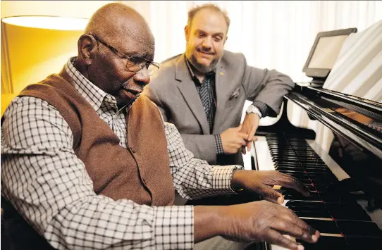  ?? ALLEN McINNIS ?? “There weren’t a lot of opportunit­ies for young blacks when I was growing up,” says Oliver Jones, “but Little Burgundy was a hotbed for music.” Sud-Ouest borough mayor Benoît Dorais, right, has helped arrange a free outdoor tribute concert to Jones,...