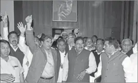  ?? KESHAV SINGH/HT ?? Leader of Opposition Abhay Singh Chautala along with other INLD MLAs protesting outside the Vidhan Sabha in Chandigarh on Thursday.