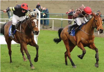  ??  ?? Secret Cargo, with Brian Hayes up (right) gets away from Lord Boru (Philip Enright) on the way to winning at Tramore