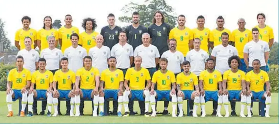  ??  ?? De pé (da esquerda para a direita): Marquinhos, Filipe Luis, Danilo, Marcelo, Ederson, Alisson, Cássio, Renato Augusto, Casemiro, Paulinho, Fernandinh­o e Geromel; No meio: Ricardo Rosa (preparador físico), Fábio Mahseredji­an (preparador físico),...