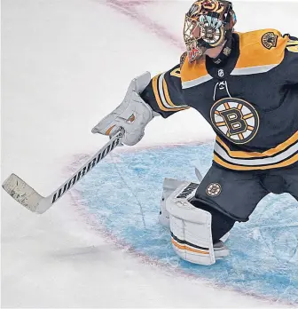  ?? MATT STONE / BOSTON HERALD ?? BACK IN THE CREASE: Tuukka Rask allows a goal during last Thursday’s game against the Canucks at the Garden. After missing the last two games on a leave of absence, Rask will rejoin the Bruins on their road trip beginning tonight at Colorado.