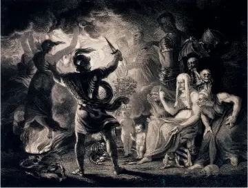  ?? Macbeth seeing the three witches, with other horrifying visions.
Etching after J. Reynolds, c.1786-90, after William Shakespear­e ??