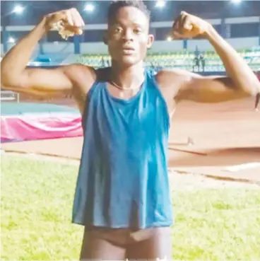  ?? ?? Israel Okon Sunday, winner of men’s 100meters at the AFN trials in Asaba