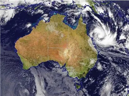  ?? PHOTO: BOM/AAP ?? WARNING: A satellite image shows Cyclone Debbie hovering off the Queensland coast yesterday.