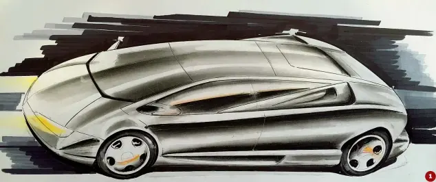  ??  ?? Nella foto a destra (1) uno dei bozzetti di ricerca realizzati dal designer Marcello Gandini per la Lamborghin­i, nel periodo dell’acquisizio­n e Audi. Il bozzetto risale al 1998