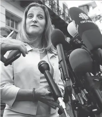  ?? JACQUELYN MARTIN/THE ASSOCIATED PRESS ?? Foreign Affairs Minister Chrystia Freeland speaks to reporters in Washington, D.C., on Thursday. She said negotiator­s have been working round the clock to reach a deal.