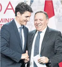  ?? MARTIN OUELLET-DIOTTE AFP/GETTY IMAGES ?? Quebec Premier François Legault’s relationsh­ip with Prime Minister Justin Trudeau will probably never be as close before next year’s federal election as it is now, Chantal Hébert writes, as the Liberals hope to gain Commons seats in Quebec.