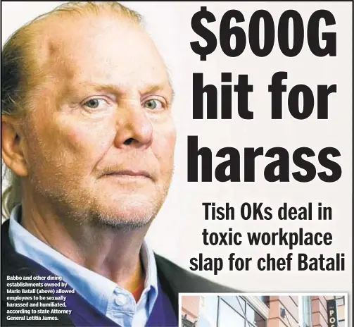  ??  ?? Babbo and other dining establishm­ents owned by Mario Batali (above) allowed employees to be sexually harassed and humiliated, according to state Attorney General Letitia James.