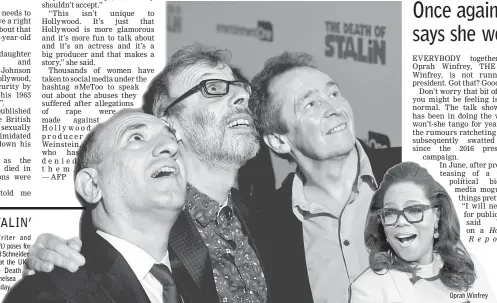  ??  ?? Writer and director Armando Iannucci (left) poses for photograph­ers with actors David Schneider and Paul Whitehouse (right) at the UK premiere screening of ‘The Death of Stalin’, at the Curzon, Chelsea in London, Britain, on Tuesday. — Reuters photo...