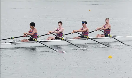  ?? DAVE JOHNSON TORSTAR ?? A St. Catharines Rowing Club crew powers to the finish in a men’s quad final Saturday at the Central Ontario Rowing Associatio­n Regatta in Welland.