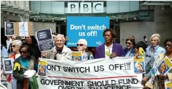  ??  ?? Anger... protest outside the BBC HQ in Portland Place, London and, below, Jacob Rees- Mogg