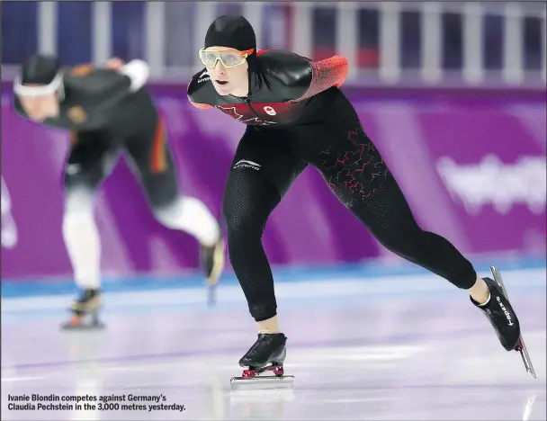  ?? MADDIE MEYER/GETTY IMAGES ?? Ivanie Blondin competes against Germany’s Claudia Pechstein in the 3,000 metres yesterday.