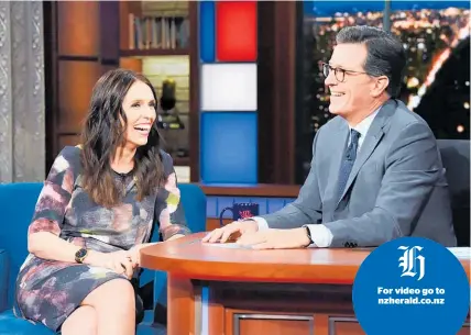  ?? Photo / CBS ?? Jacinda Ardern avoids a Donald Trump moment as Stephen Colbert and his Late Show audience laugh with her, rather than at her.