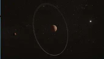  ?? ESA ?? TOO FAR OUT. Quaoar’s ring, seen in this artist’s impression, is located at twice the dwarf planet’s Roche limit, the theoretica­l distance from a body beyond which rings should not form.