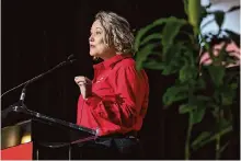  ?? Josie Norris/staff file photo ?? Susann Kazunas, who is now the newly appointed president of Toyota’s vehicle plant in San Antonio, speaks during the South Side plant’s 20th anniversar­y celebratio­n on Oct. 25.