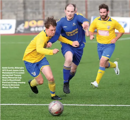  ??  ?? Keith Curtin, Killorglin AFC B and James Long, Mainebank FC in action during their Tommy Healy Memorial Cup final in Mounthawk Park last Friday evening Photo by Domnick Walsh / Eye Focus