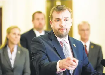  ?? MATT ROURKE/AP ?? Speaker Bryan Cutler, R-Lancaster, speaks during a news conference May 26 at the Capitol in Harrisburg. Republican­s and Democrats are feuding over whether Pennsylvan­ia’s roughly $40 billion budget package negotiated behind closed doors and passed within hours of becoming public includes money for the state auditor general to begin auditing election results.