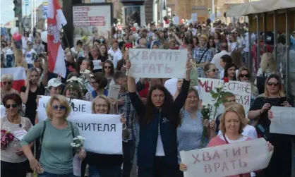  ??  ?? Teachers protest in Minsk on Friday against police brutality and the official result of the presidenti­al election. Photograph: Yauhen Yerchak/EPA