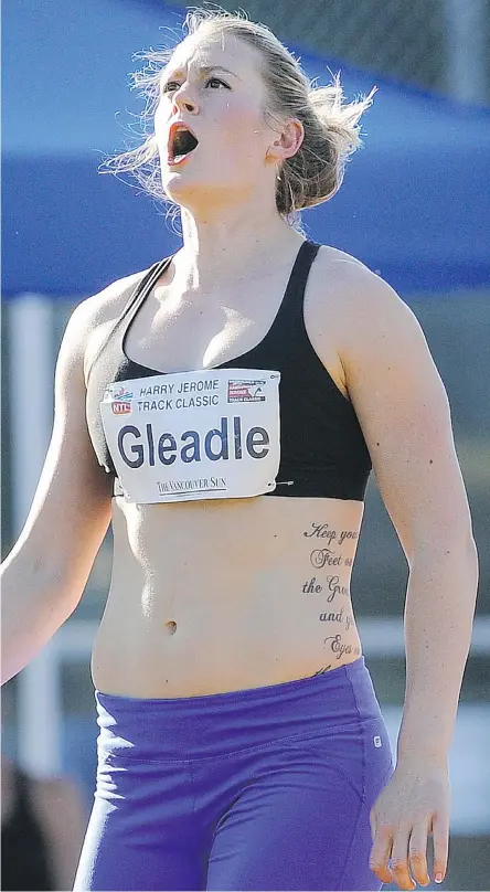  ?? MARK VAN MANEN /PNG ?? Liz Gleadle is aiming for a personal best when she competes at The Vancouver Sun Harry Jerome Track Classic on June 28, where she holds the meet record with a throw of 64.34 metres.