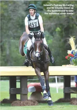  ??  ?? Ireland’s Padraig McCarthy and Mr Chunky move up the leaderboar­d to take the individual silver medal