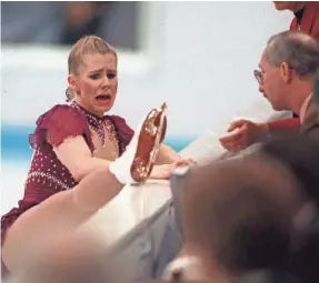  ?? JACK SMITH/AP FILE PHOTO ?? Tonya Harding shows her skate to the judges after interrupti­ng her free skate at the 1994 Winter Olympics in Lillehamme­r.