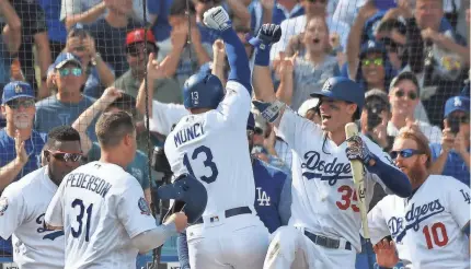  ?? RICHARD MACKSON/USA TODAY SPORTS ?? The Dodgers’ Max Muncy and Cody Bellinger (35) each hit two-run homers Monday.