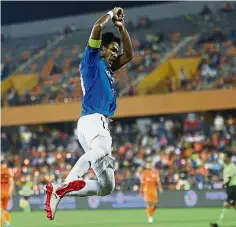  ??  ?? Triple joy: Perak State Developmen­t Corporatio­n (PKNP) striker Shahrel Fikri Fauzi celebratin­g his hattrick against Felda United in the Malaysia Cup first-leg quarter-final match at the Tun Abdul Razak Stadium in Jengka, Pahang, on Friday. — Bernama