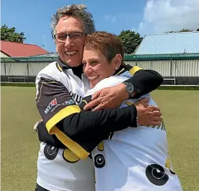  ??  ?? Bev Corbett and Debbie White celebrate their ‘‘three-peat’’ victory in the Waikato Womens Open Pairs.