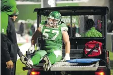  ?? THE CANADIAN PRESS ?? Roughrider­s guard Brendon LaBatte injured his left foot against the Eskimos and appears likely to miss nest week’s playoff.