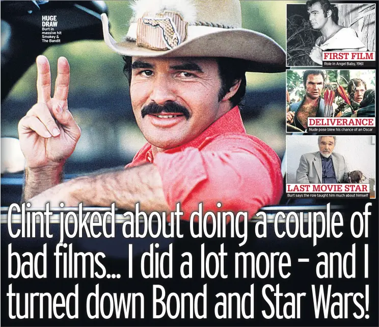 ??  ?? HUGE DRAW Burt in massive hit Smokey &amp; The Bandit Role in Angel Baby, 1961 Nude pose blew his chance of an Oscar Burt says the role taught him much about himself
