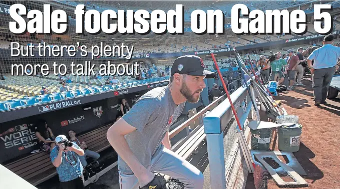  ?? MATT STONE / BOSTON HERALD ?? STEPPING UP: Chris Sale of the Boston Red Sox leaves the dugout to warm up before Game 4 of the World Series against the L.A. Dodgers yesterday.