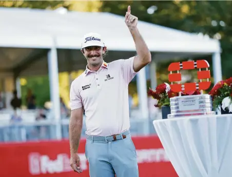  ?? Scott Strazzante / The Chronicle ?? Max Homa celebrates after surging in the final round to defeat Maverick McNealy by one stroke at Silverado Resort in Napa.