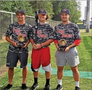  ?? PHOTO COURTESY PINE FORGE BASEBALL ?? Seth Endy, left, Mitch Pinder, center, and Jordan Shustack were acknowledg­ed as the Senior Babe Ruth World Series by being named to the All-Tournament and All-Defensive teams.