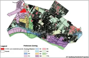  ?? IMAGE FROM PRESENTATI­ON ?? This analysis by Montgomery County Planner Danielle Baer shows, in red, the properties where backyard chickens would be allowed in the borough under the proposal she made.