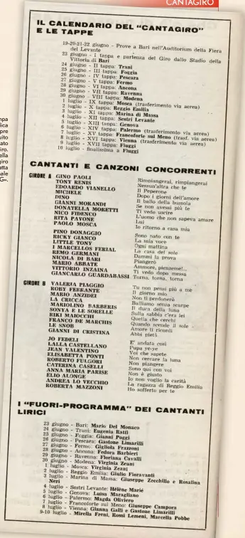  ?? ?? La stampa periodica ha sempre seguito e documentat­o il Cantagiro. La tabella sul Cantagiro 1965 è tratta dal settimanal­e «BIG».