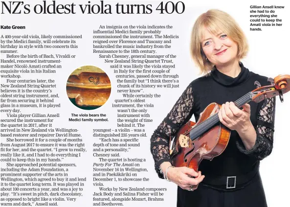  ??  ?? The viola bears the Medici family symbol.
Gillian Ansell knew she had to do everything she could to keep the Amati viola in her hands.