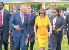  ?? J. SCOTT APPLEWHITE/ASSOCIATED PRESS ?? Senate Minority Leader Chuck Schumer, D-N.Y., left, and Speaker of the House Nancy Pelosi, D-Calif., walk together Thursday in Washington after a security briefing on rising tensions with Iran.
