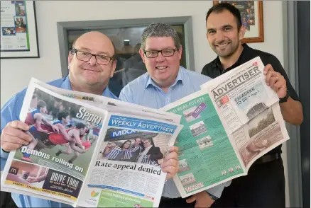  ??  ?? TEAM LEADERS: From left, editor Dean Lawson, ACE Radio Broadcaste­rs Horsham general manager Brendan O’loughlin and sales manager Mark Sulic compare 2018 and 1998 editions. A profound story about the removal of Horsham’s historic gasworks from the...