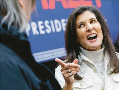  ?? JIM SLOSIAREK/THE GAZETTE ?? Nikki Haley gestures during a town hall Tuesday in Marion, Iowa. The former governor of South Carolina is seeking the Republican nomination for president in 2024.