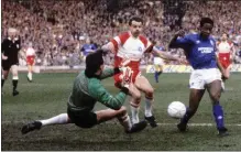  ??  ?? Walters slots the ball past St Johnstone goalkeeper John Balavage to open the scoring for Rangers in the Scottish Cup semi-final replay at Celtic Park in 1989. Rangers won 4-0.