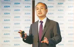  ?? (Neil Hall/Reuters) ?? SOFTBANK GROUP CEO Masayoshi Son speaks at a new conference in London yesterday. ‘ARM will be the center of the Internet of Things, in which everything will be connected,’ he said.