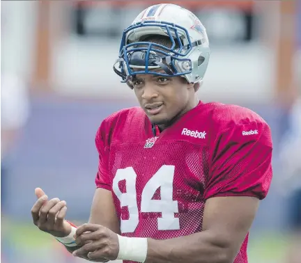  ?? DARIO AYALA/MONTREAL GAZETTE FILES ?? Alouettes rush-end Michael Sam, signed over the summer, has yet to play his first CFL game. “It’s going to happen,” head coach Tom Higgins says. Injuries to defensive-back Jerald Brown and tailback Tyrell Sutton have opened the door to adding him.