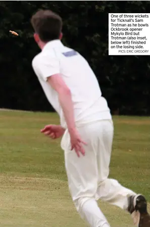  ?? PICS: ERIC GREGORY ?? One of three wickets for Ticknall’s Sam Trotman as he bowls Ockbrook opener Mykylo Bird but Trotman (also inset, below left) finished on the losing side.