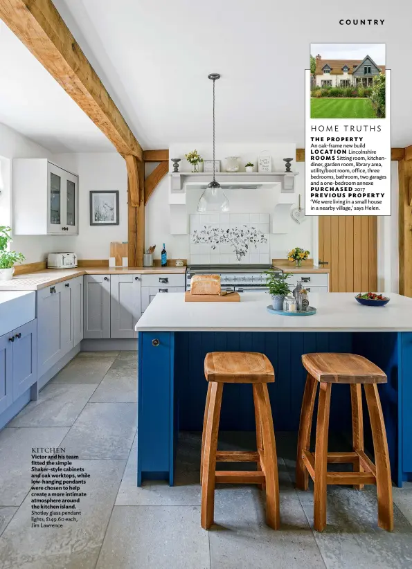  ??  ?? KITCHEN
Victor and his team fitted the simple Shaker-style cabinets and oak worktops, while low-hanging pendants were chosen to help create a more intimate atmosphere around the kitchen island. Shotley glass pendant lights, £149.60 each, Jim Lawrence